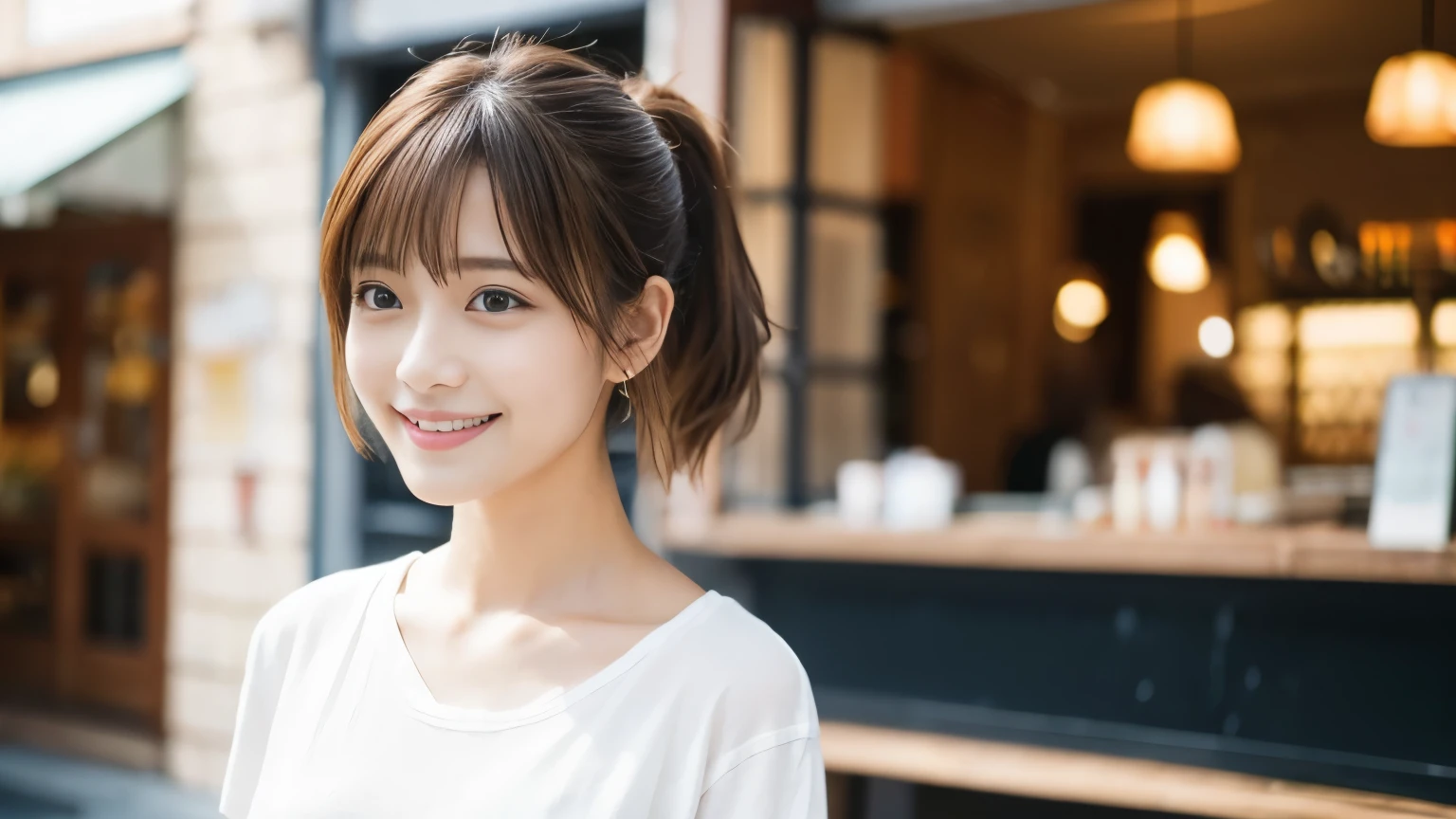 super high quality, Fashion Model, smile, Slenderのネックレス, Slender, The staff is working at the counter in the back., (8k、RAW Photos、Highest quality、masterpiece:1.2), Japanese Idol, Stylish café, (Realistic、Photorealistic:1.37), Beautiful Face , Mesh Hair, Urban Cafe, Golden Ratio, Raw photo, Cute face , Light Brown Hair, Small breasts, Bright cafe interior, Blurred Background, Famous actress, Summer clothes, Beautiful hairstyle, Photographed inside the cafe, Hair blowing in the wind, Neat clothes, ponytail, T-Shirts, Very Short Hair, 18-year-old, Stylish clothes, 

