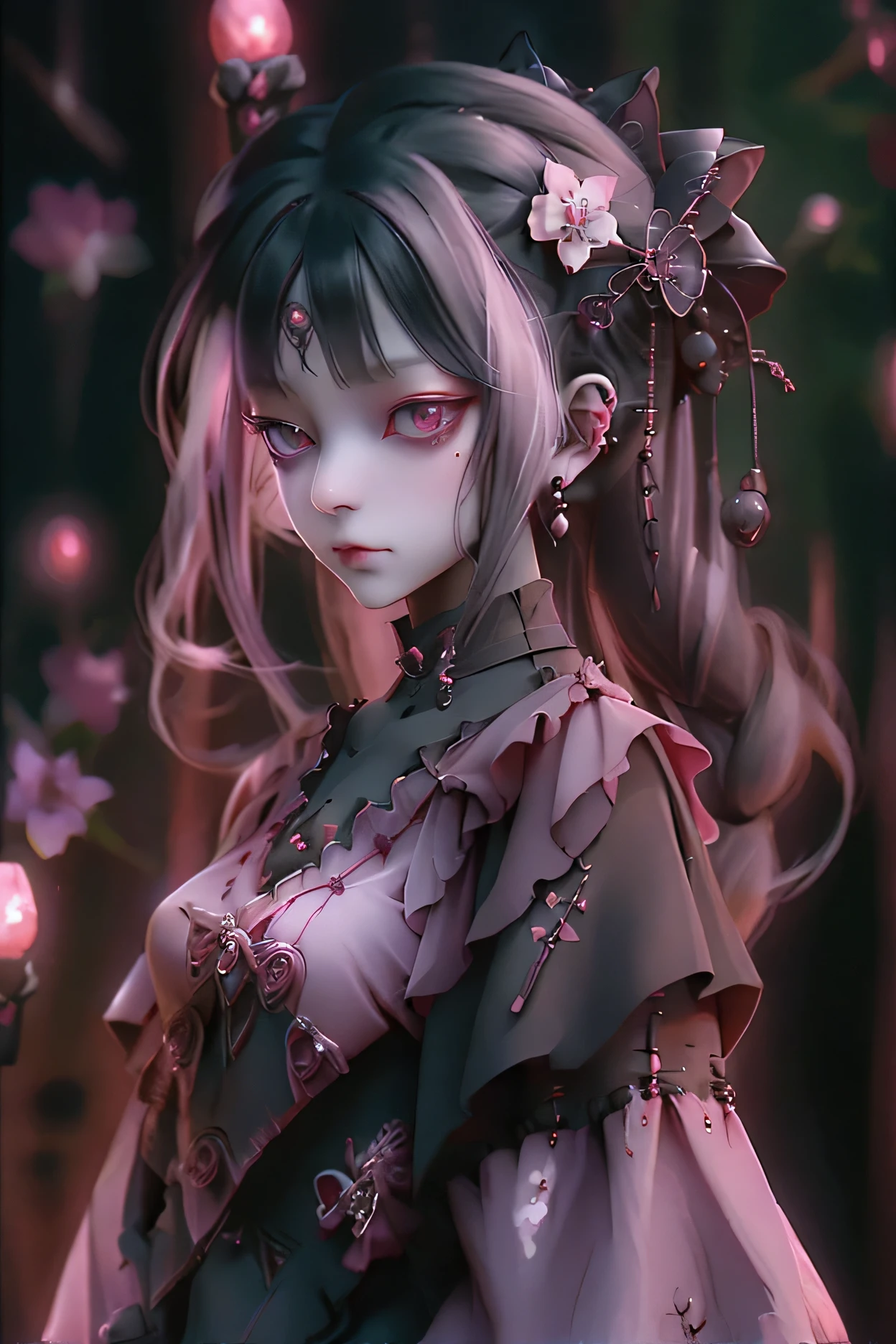woman、whole body,Game character costumes,novel,Gothic ta,dress,image color: Black and Pink,Cobblestones, lanthanum, shrine, cherry blossoms, petals in the wind, Calm, mysterious, high quality, Dark look,Detailed eye design,