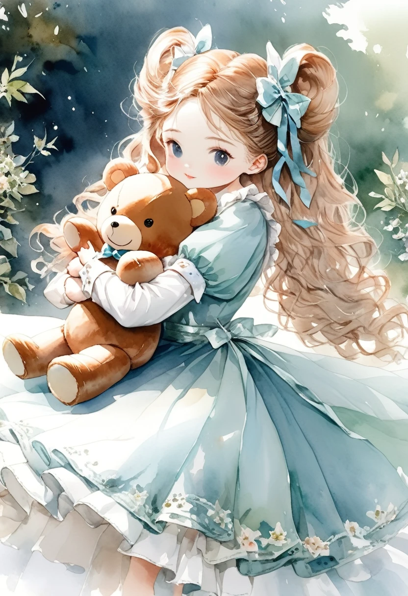 ((antique:1.5)),((hugging a teddy bear)),(Teddy bear),Beautiful and cute woman,1 Female,Solo,Sharp features,Sophisticated,((Watercolor:1.5)),whole body,Ultra-high resolution,((Attention to detail:1.5)),Highest quality,(vintage:1.4),(Cute pose:1.3),Alice,So adorable,model like,Fluffy atmosphere,(Accurate body),((antiqueな服)),(Handwriting),Fashionable hairstyle,