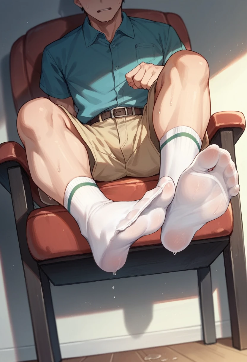 Anime boy very wet sweaty white socks under chair showing his feet soles close to the camera