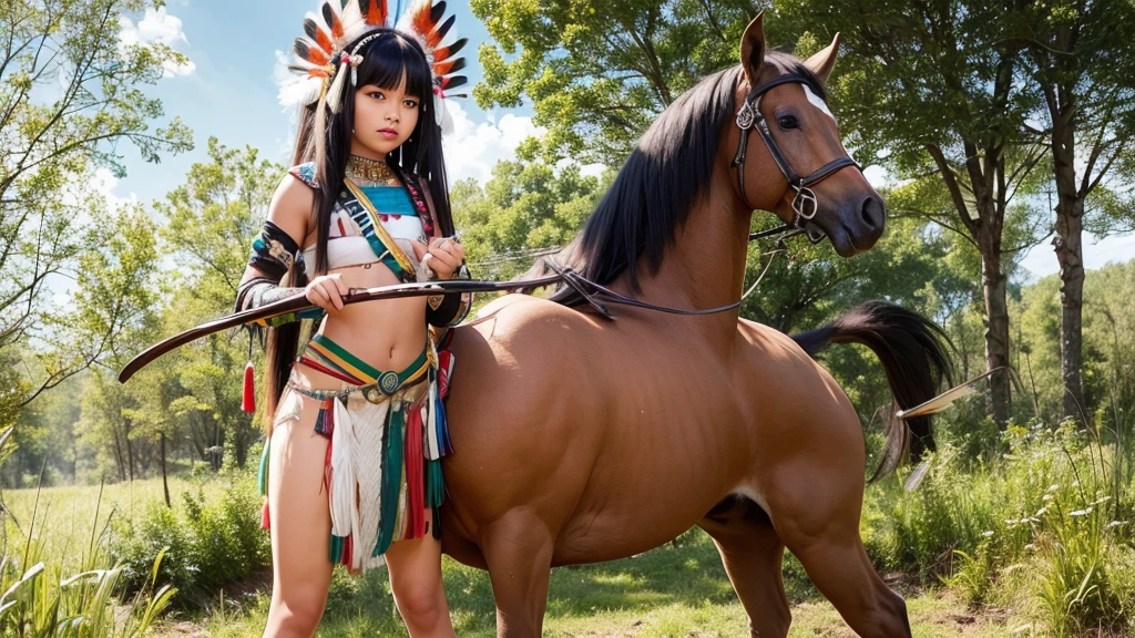 indigenous girl -HD photo - sexy photo -indigenous warrior- full body photo- beautiful legs- forest- high detailed- perfect face- straight black hair- straight bangs -snake- war paint- feather headdress- feathers- 18 years old- bow and arrow- horse- wind