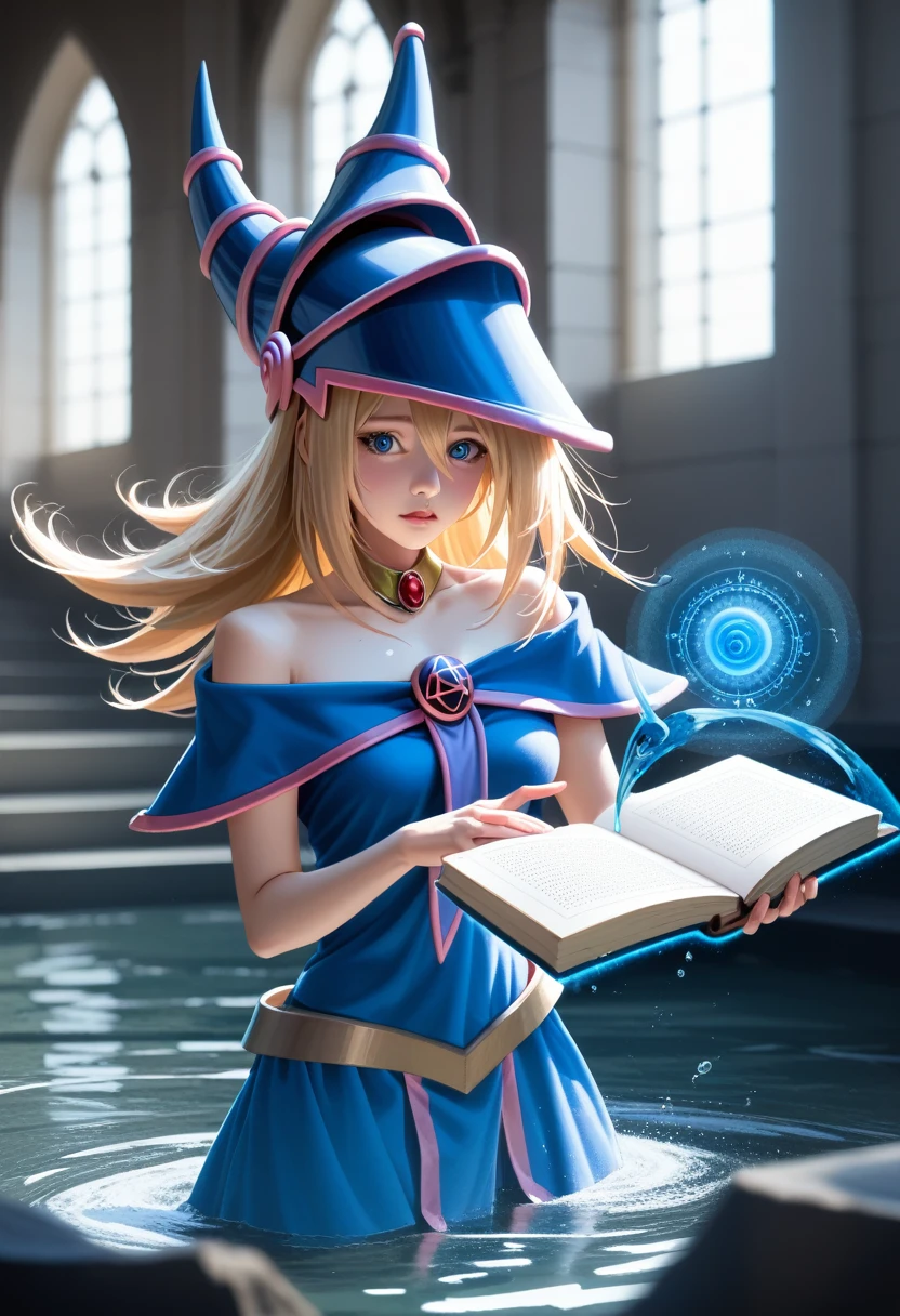 dark magician girl, masterpiece, best quality, (1 Girl), Solitary, (water), Long hair, Blonde Hair, Blue headdress, Wizard Hat, Spellcasting, castle, castle:2, Motion Blur, Book, magic, (moonlight:1.2), Chromatic Aberration, Depth of Field, Soft lighting, The face is rich in detail, Very detailed eyes,