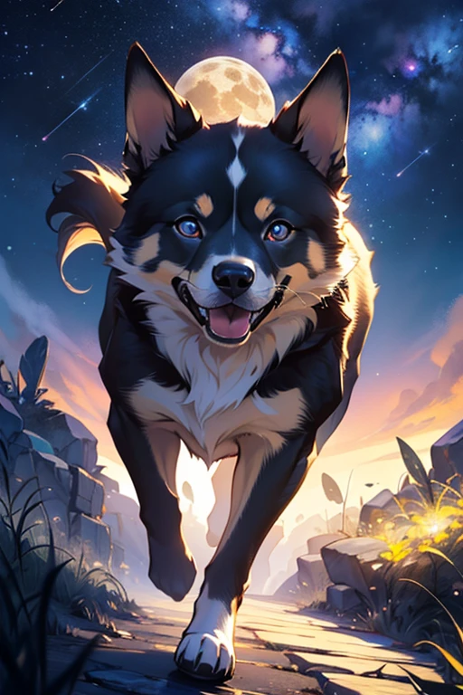 Cute Puppy flying in the night sky、Puppy is inspired by the constellation Canis and is now able to fly、Extend your front legs forward、Extend hind legs backwards、Beautifully detailed night sky、Beautifully detailed Milky Way、Puppy flies up into the night sky:1.5、Beautiful and sophisticated eyes、Beautiful and exquisite fur、Very elaborate eyes and face、Puppy、Adorable、fluffy、star、star空、moon、Celestial Bodies、universe、Fantasy、dream-like、Shine、Cinematic lighting、Bright colors、Digital Painting、Concept Art、Photorealistic、8k、high quality、masterpiece