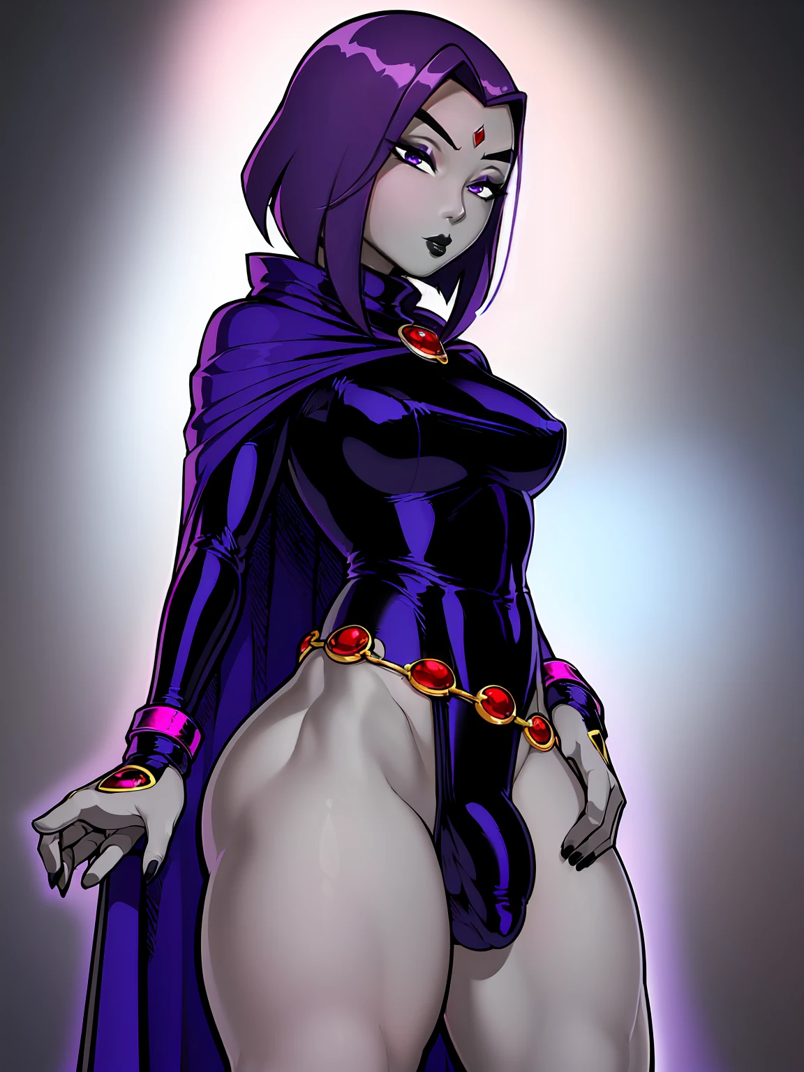 (solo:1.1),(masterpiece), (best quality:1.3), ultra detailed, intricate, (nice hands:1.6), professional art, digital art, absurdres, shadraven, (Full body view:1.1), 1girl, solo, (grey skin:1.4), dark purple hair, bob hair, purple eyes, hips wider than shoulders, pear shaped body, jewellery, detailed thighs, thick thighs, red jewel in forehead, jewels, (long sleeved turtleneck leotard:1.3), cuffs, small breasts, (shadraven cloak), (Shadraven broach:1.2), Shadraven jewel belt, Shadraven wearing a long sleeved leotard, long legs, ( long crotch bulge:1.4), large penis, large testicles, side view, looking at viewer, bubble butt , gluteal crease, universal lighting,,