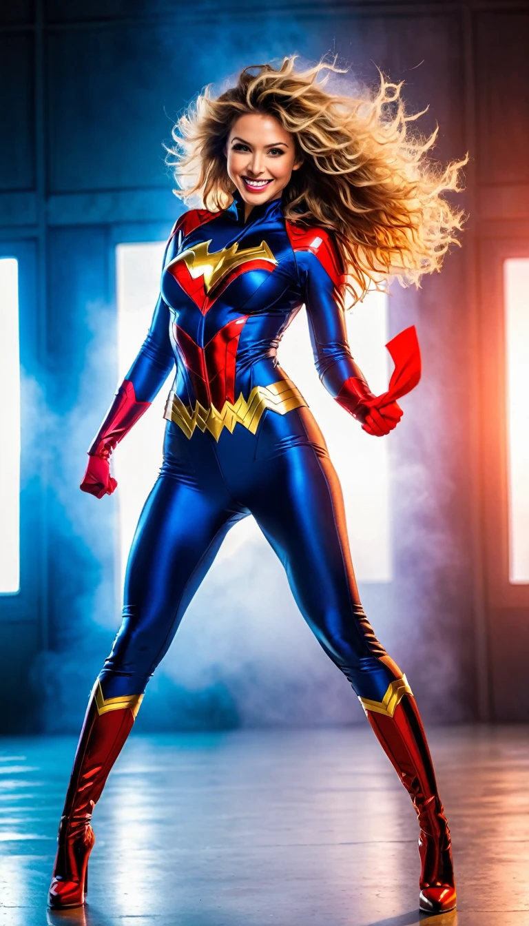 A provocative image of a sexy woman superhero with tousled hair and a flirtatious smile, strange but powerfull powers, sexy superhero suit, dynamic model pose, full body shot,