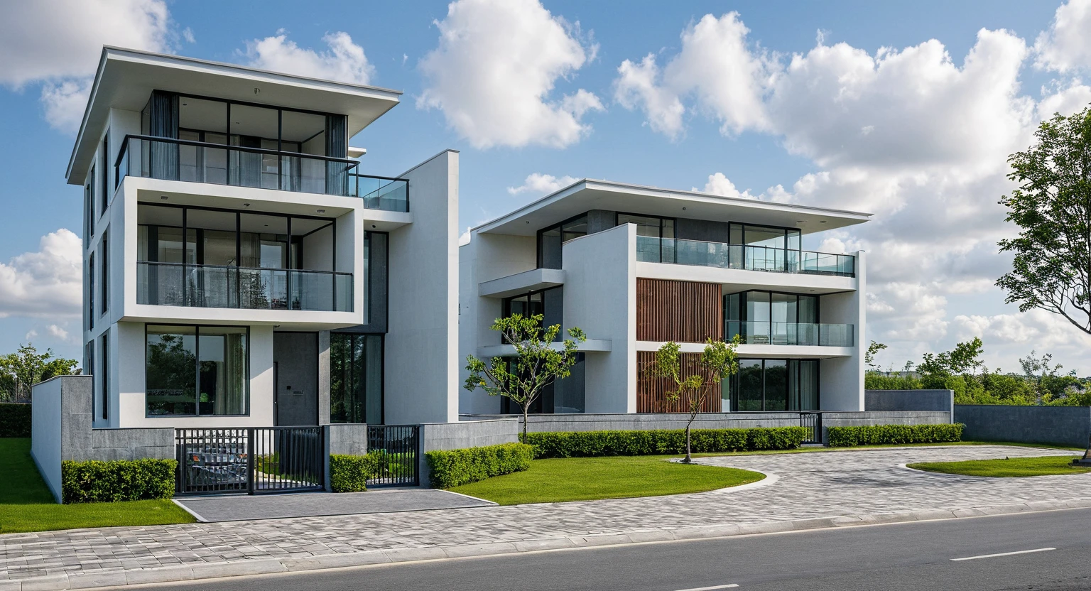 Masterpiece, high quality, best quality, authentic, super detail, outdoors, twostoreyvillaXL, aiaigroup, house style modern on the street, (white wall), road, pavement, grass, trees, sky, cloud, (daylight:1.1), 
