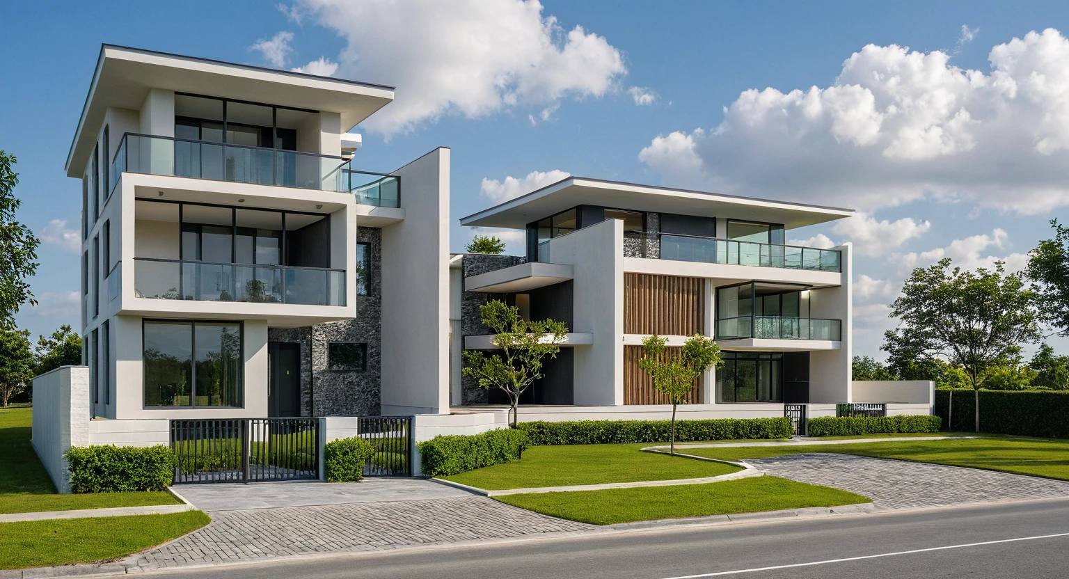 Masterpiece, high quality, best quality, authentic, super detail, outdoors, twostoreyvillaXL, aiaigroup, house style modern on the street, (white wall), road, pavement, grass, trees, sky, cloud, (daylight:1.1), 
