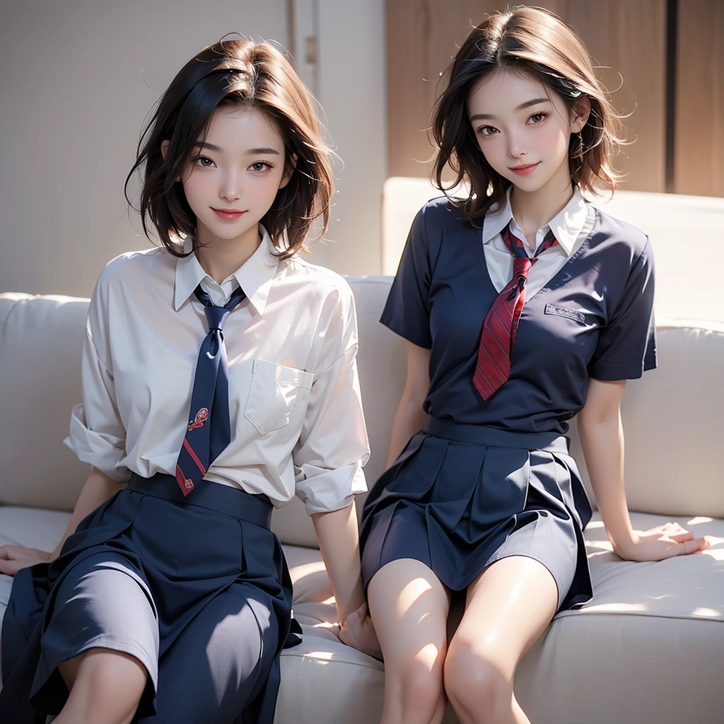 ((masterpiece)), 8k, Highest quality, 1 girl, alone, Beautiful Face, Gentle expression, Realistic, cute, Navy blue pants are visible from under her short skirt, Crimson tie, Completely naked, (high school girl), smile, ( (looking at the camera)), Medium Hair, whole body,