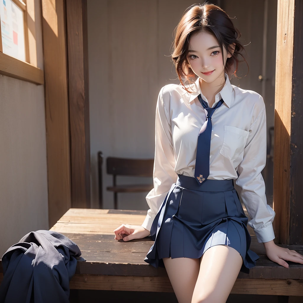 Photo Real、photoRealstic A dark-haired、Straight hair、shorth hair、Very short hair with round face、drooing eyes、Laugh so hard that you can't see it、Open mouth and laugh out loud、Narrow-eyed、no-makeup、Suppin hi-school girl、sixteen years old、skinny body、muscular body、Soft thighs、large full breasts、vaginal、、Female genitals、japanes、full body Esbian、Very flexible body 校服、White shirt、Navy blue ribbon、Navy blue skirt、Very short skirt、The whole body gets wet with sweat Legs open pose、Take rhythmic gymnastics poses、One leg standing pose、Stretch your knees、Crotch that opens more than 300 degrees、Show off your crotch、Exposed crotch、Very smiling Background with、Classroom、window、chalk board