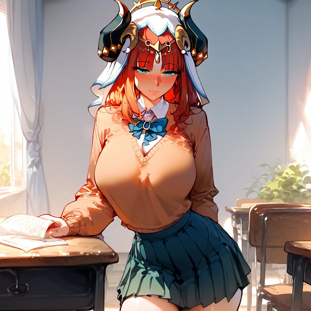 score_9, score_8_up, score_7_up, score_6_up, score_5_up, score_4_up, 1girl, Nilou, Genshin impact,, large breasts,,,, floox style, rating_explicit, floox style, high resolution,,, expressiveh,, perfect anatomy, masterpiece, solo, gray background, standing, (school outfit:1.2), skirt, sweater, at desk