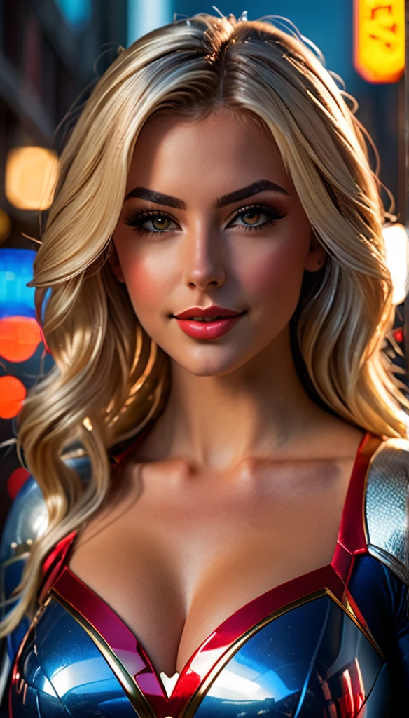 (dynamic lighting), (75mm), (realism), (realistic)), (depth of field), (UHD), (32k), (Mastepiece), (highres, high resolution), (Advanced facial details), (shiny skin), (photorealistic), (dslr), (soft lighting), (high quality), (clearly face), ((full body shot:1.5)), (finely detailed face), (top quality), (Best Quality), (long straight platinum blonde hair), ((alena aenami)), smiling, (VERY INTENSE MAKEUP), voluptuous, neckline, sexy, Superheroine power girl, (with beautiful legs and feet),