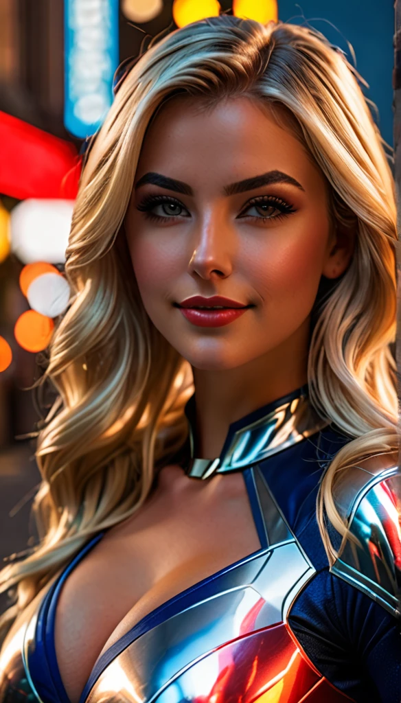 (dynamic lighting), (75mm), (realism), (realistic)), (depth of field), (UHD), (32k), (Mastepiece), (highres, high resolution), (Advanced facial details), (shiny skin), (photorealistic), (dslr), (soft lighting), (high quality), (clearly face), ((full body shot:1.5)), (finely detailed face), (top quality), (Best Quality), (long straight platinum blonde hair), ((alena aenami)), smiling, (VERY INTENSE MAKEUP), voluptuous, neckline, sexy, Superheroine power girl, (with beautiful legs and feet),