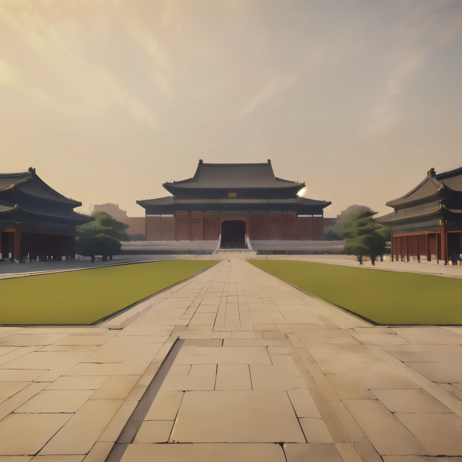 ((best quality)), ((masterpiece)), (detailed), there are many people walking around a large building in the middle of a courtyard, beautiful render of tang dynasty, tang dynasty palace, the imperial palace, korean traditional palace, the forbidden city, ancient china art style