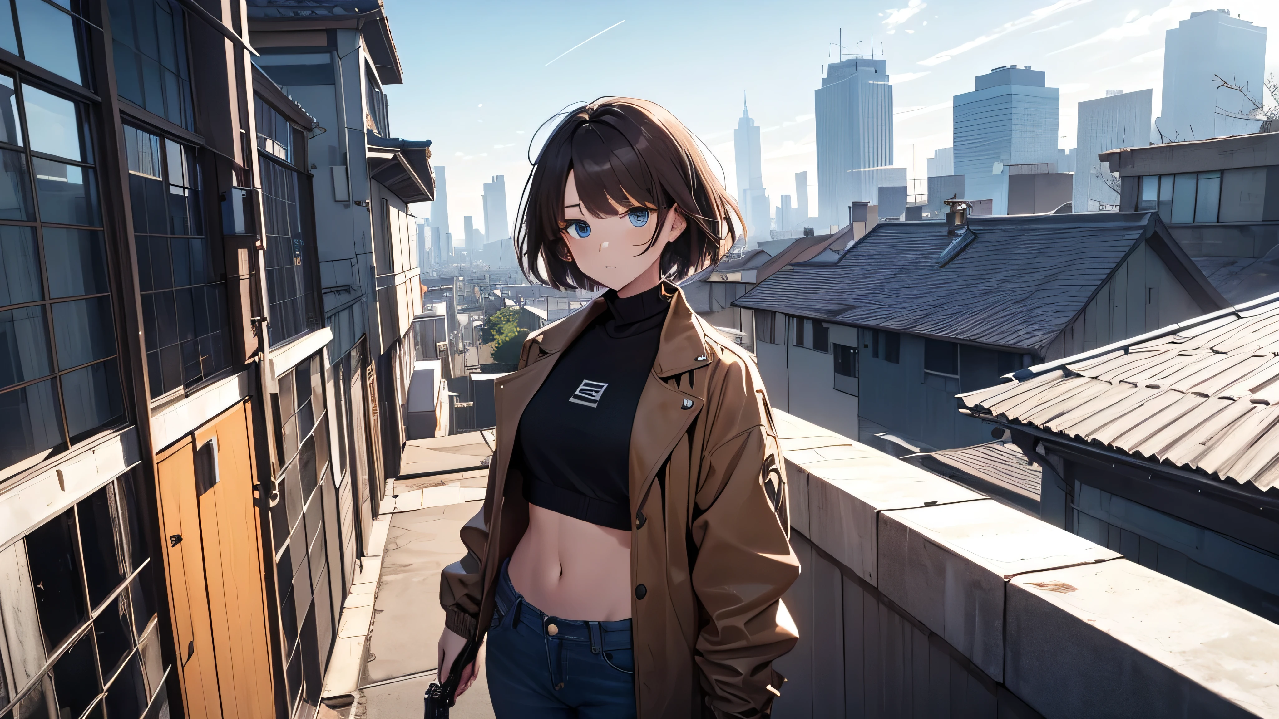 A girl wearing mask, brown short hair, a pistol in his hands, wearing a synthetic black crop top with a brown jacket and blue jeans, blue eyes, standing on a rooftop,centre of image,seeing towards viewers,half body shot,large image of girl,focused imageof girl,cute girl,korean.