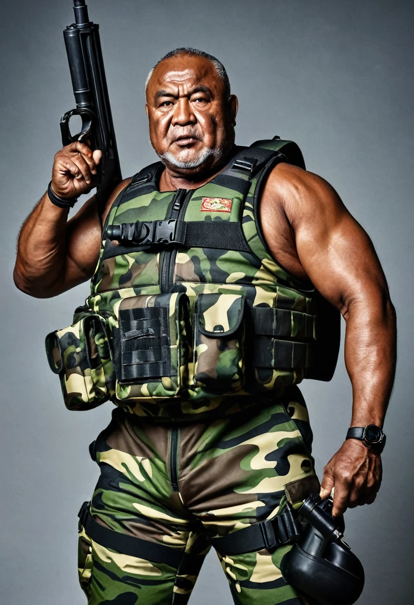 (a dark-skinned fat muscular old man in a bulky camouflage zipper diver suit) saluting, carrying a gun in gun belt, muscular, Basuki Abdullah, sumatraism, action, a character portrait, heroic, fierce, snarling, best quality