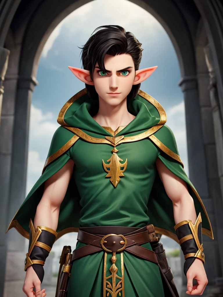 (best quality), 1boy, male, pale skin, black hair, medium hair, curtain hair, tousled hair, green eyes, perfect eyes, dark circles under eyes, tall, slender, handsome, strong jawline, lazy, light smile, attractive, (elf), pointed ears, fantasy clothes, masterpiece, anatomically correct, highres