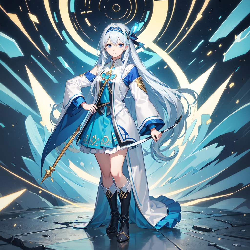 (Fantasy Illustration:1.2), (Front facing,Standing,Delicate facial expression,1 person:1.6), (anime,8k,masterpiece, Highest quality, Highest quality,beautifully,aesthetic:1.2,Professional illustrations:1.2,Super detailed:1.3), Very detailed, Most detailed, Brilliant, High resolution, Super detaileded, (girl), Very exquisite beautiful face and eyes, A wizard-style tunic in blue and white.,A blue mini skirt following the jacket,tights,head band,Wristband,boots