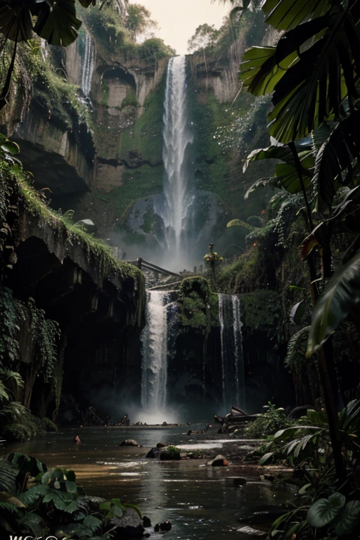 Jungle background for cover with a waterfall behind and a skull.
