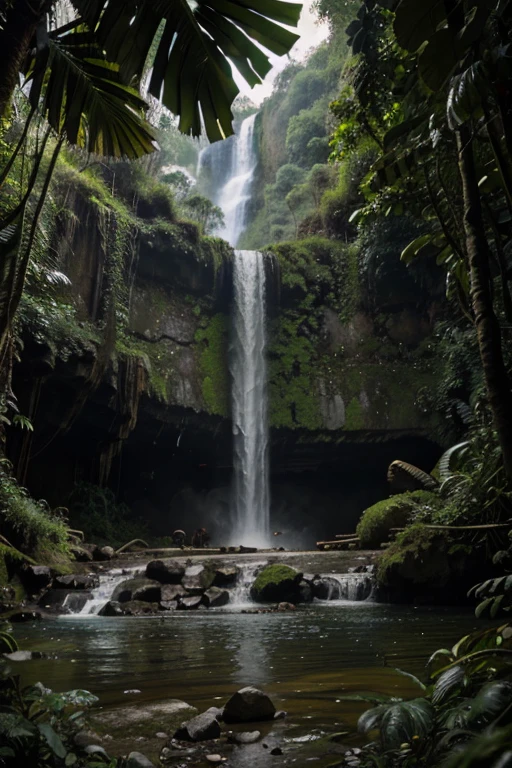 Jungle background for cover with a waterfall behind and a skull.