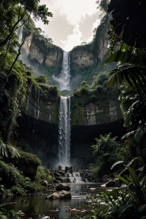 Jungle background for cover with a waterfall behind and a skull.