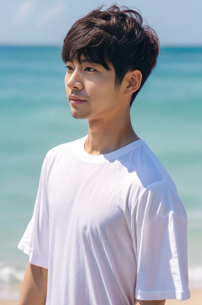 38 years old korean man, (male:1.5), white cotton tee, looking straight ahead, Short-cut hair, bust, Beach, (amazing), broad shoulders, slim body, background, Vacation, Beach