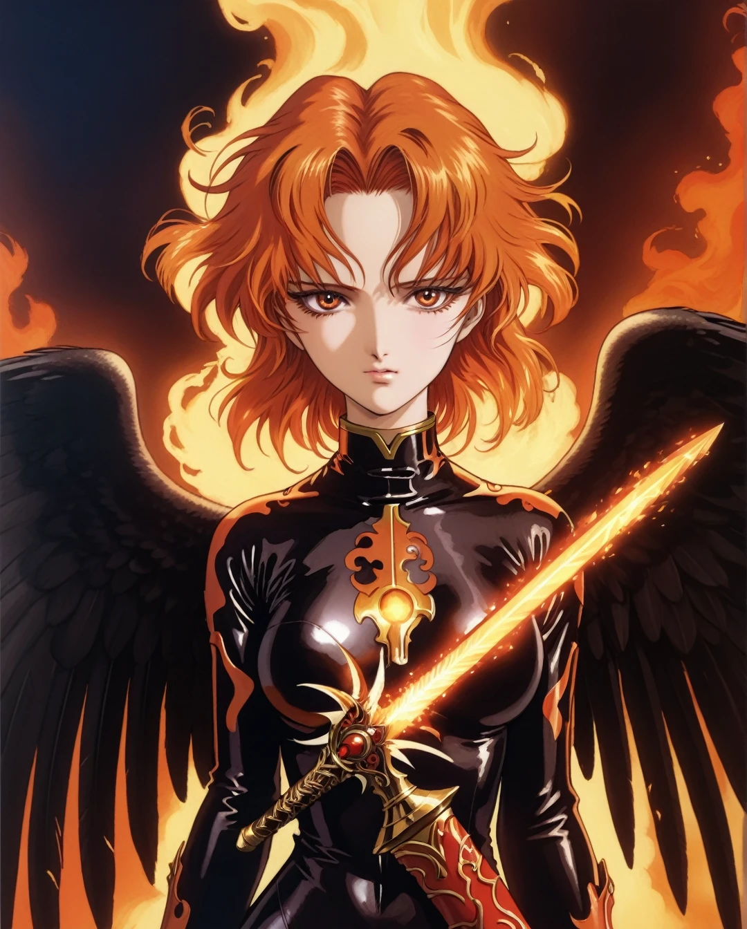 poster of a sexy [vengafull angel] in a [ ], holding a flaming sword, latex uniform, eye angle view, designed by mike mingola, aw0k nsfwfactory, aw0k magnstyle, danknis, sooyaaa, Anime,,,