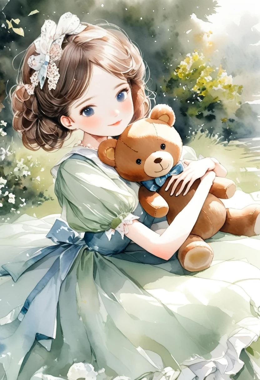 ((antique:1.5)),((hugging a teddy bear)),(Teddy bear),Beautiful and cute woman,1 Female,Solo,Sharp features,Sophisticated,((Watercolor:1.5)),whole body,Ultra-high resolution,((Attention to detail:1.5)),Highest quality,(vintage:1.4),(Cute pose:1.3),Alice,So adorable,model like,Fluffy atmosphere,(Accurate body),((antiqueな服)),(Handwriting),Fashionable hairstyle,