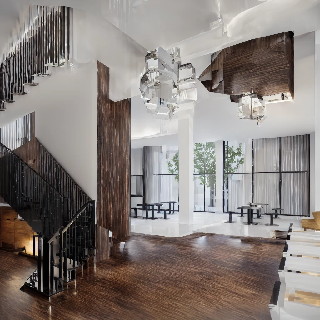 there is a room with a staircase and a table and chairs, vue render, low angle dimetric rendering, enscape render, cg rendering, rendered in enscape, high detail render, 3 d rendering, 3d rendering, semi - realistic render, 3d rendered model, vue 3d render, realistic render, highly photographic render, architectural render, detailed rendering