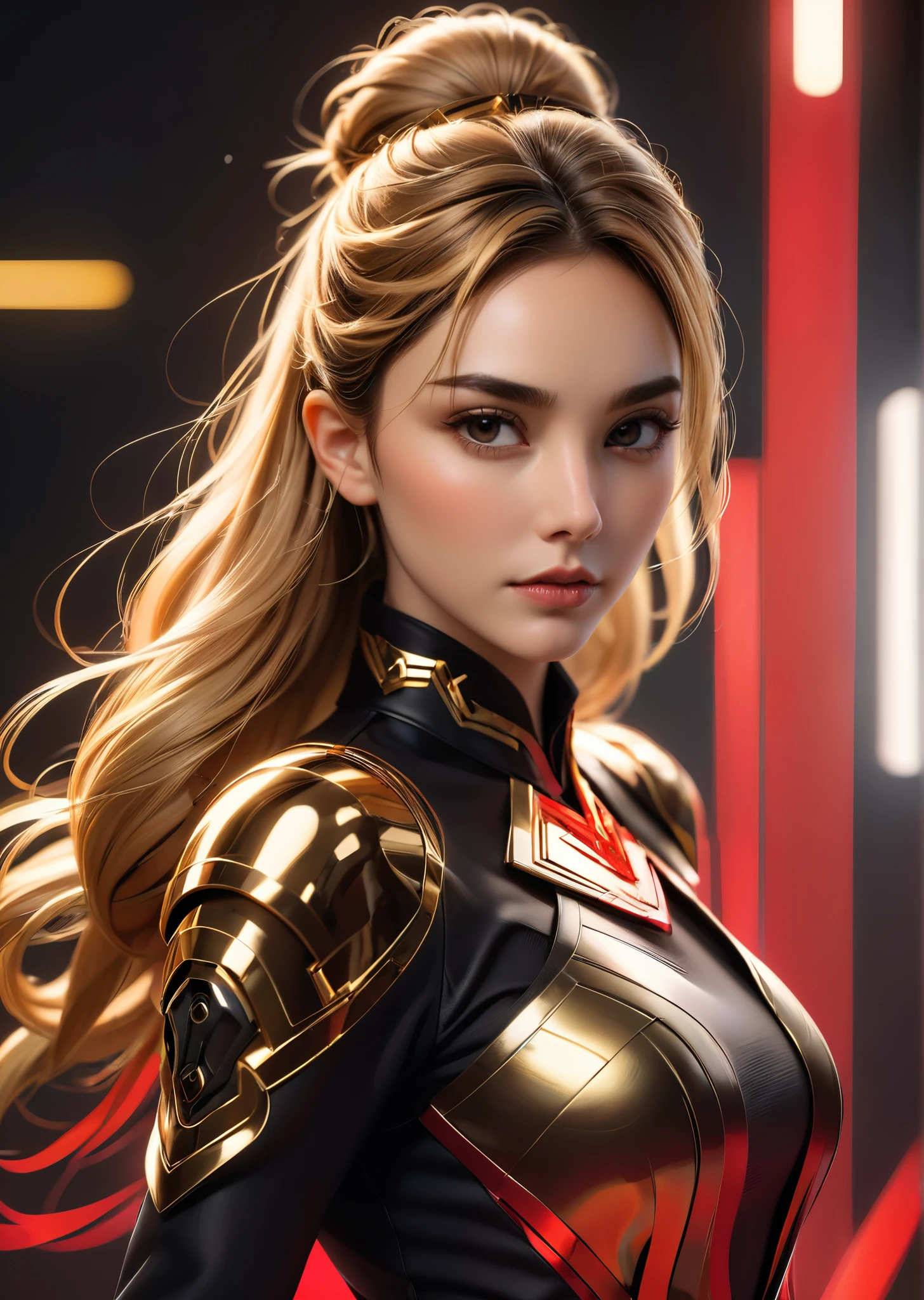 craft a hyper realistic vertical photo of most attractive serious woman in her 30s, blonde hair, small bun, cyberpunk golden mecha elegant cheongsam bodysuit and golden masked psychedelic warrior women, (metallic golden mask), using dark atmosphere mechanical detail cables and using katana black and red color palette gothic style, digital art, modern, sleek, highly detailed, formal, serious, determined, CEO, colorized, smooth, charming, pretty, soft smile, soft lips, black eyes, Trendsetter wolf cut brown hair, Gal Gadot, Emma Watson,
(color-field, conceptual, contemporary, digital, geometric, minimalism)
( by Ellen Jewett Raymond Swanland Mike Winkelmann )