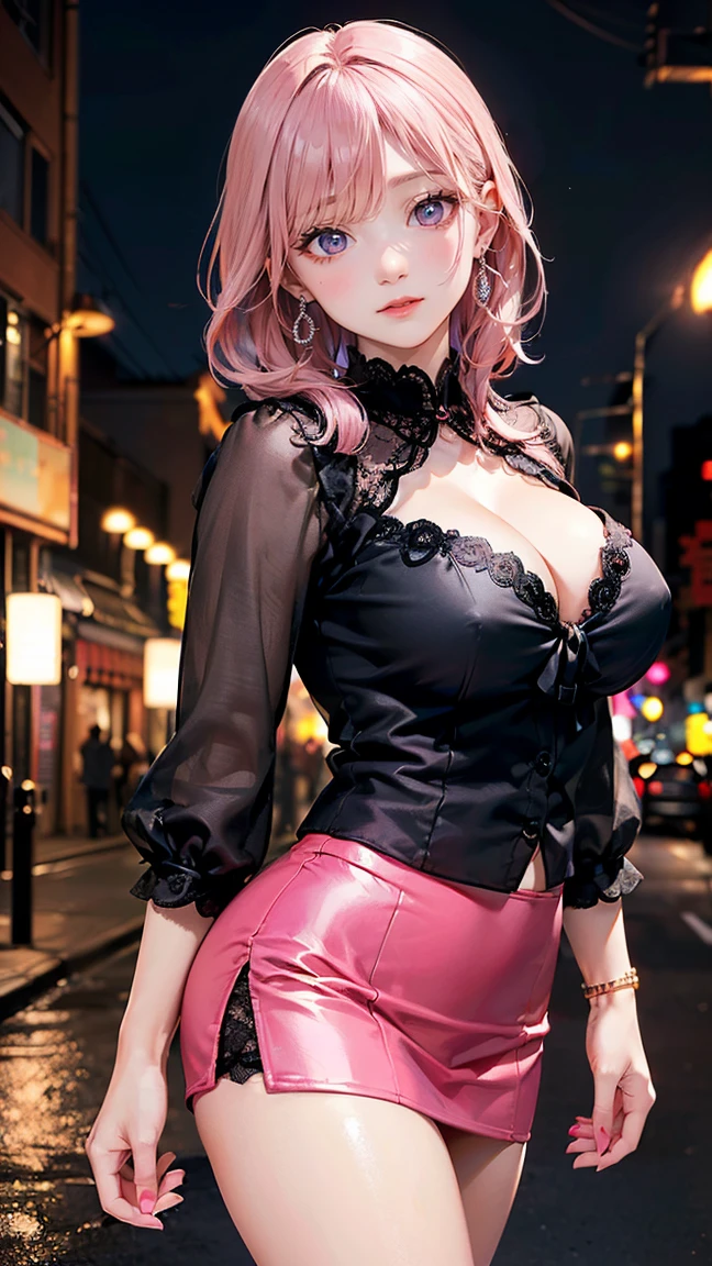 ((Highest quality, 8k, masterpiece :1.3)), (Sharp focus :1.2, Beautiful woman with perfect figure :1.4, Slim Abs), ((Big Breasts, Emphasize cleavage:1.2)), (Photorealistic:1.4), (realistic:1.4), (Pink Hair:1.5), Highly detailed face and skin texture, Fine grain, double eyelid. Makeup face, A little bit of lipstick, sex appeal, Sexy gravure pose, ((Sexy girly beauty in black lace blouse and red mini skirt。Night street lights in the background、Smiling and posing for the camera。Chic earrings。:1.3)