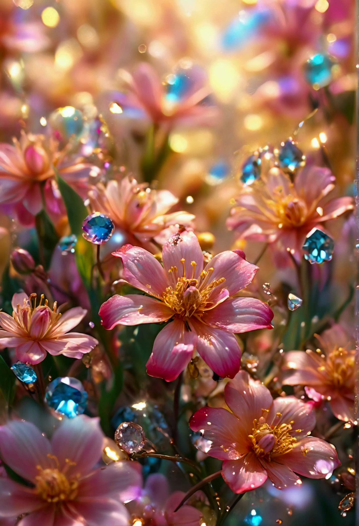 All expressed with colorfull jewels, the arrival of spring, various beautiful flowers, angles looking up from below, various jewels falling from the sky, wonderful and beautiful superb view, slightly hazy, fantastic, high resolution, 8K, (best quality, highres, realistic:1.37), shiny metallic flowers, intricate and delicate petals, reflective surfaces, vibrant colors, intricate details, close-up view, surreal garden, surreal beauty, dreamy atmosphere, fine art, abstract botanicals, metallic sculpture, contrasting textures, ethereal glow