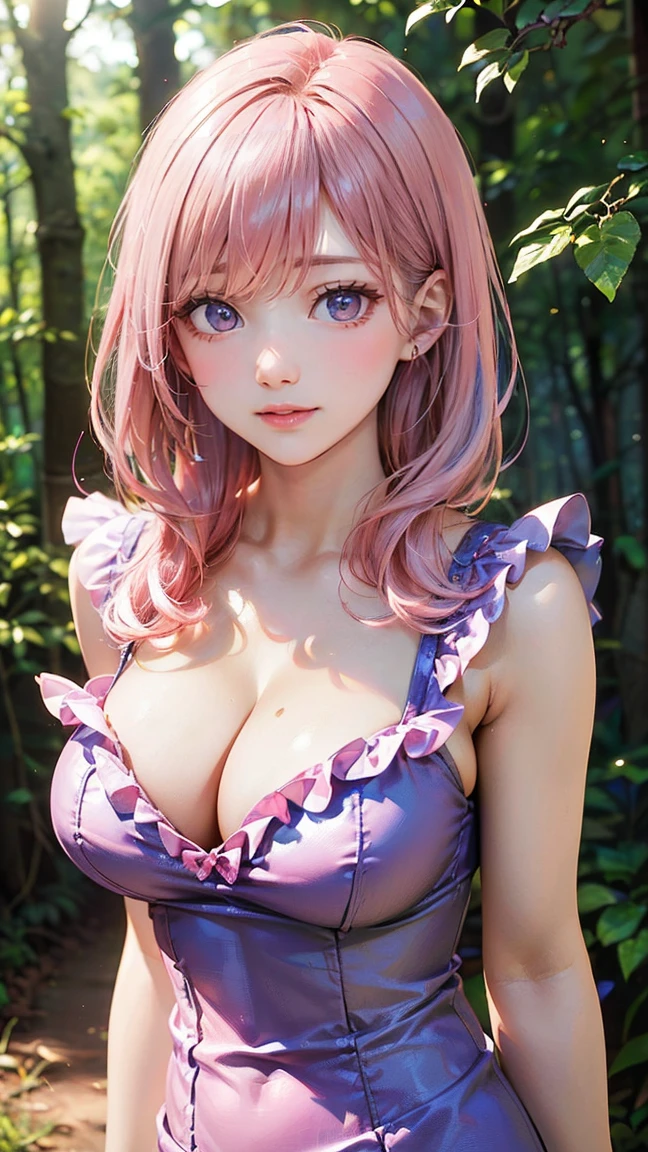 ((Highest quality, 8k, masterpiece :1.3)), (Sharp focus :1.2, Beautiful woman with perfect figure :1.4, Slim Abs), ((Big Breasts, Emphasize cleavage:1.2)), (Photorealistic:1.4), (realistic:1.4), (Pink Hair:1.5), Highly detailed face and skin texture, Fine grain, double eyelid. Makeup face, A little bit of lipstick, sex appeal, Sexy gravure pose, ((Sexy girly beauty in purple frilly dress。Leaning against a tree in the woods、Smiling and looking at the camera。A pretty bracelet shining on your arm。:1.3)