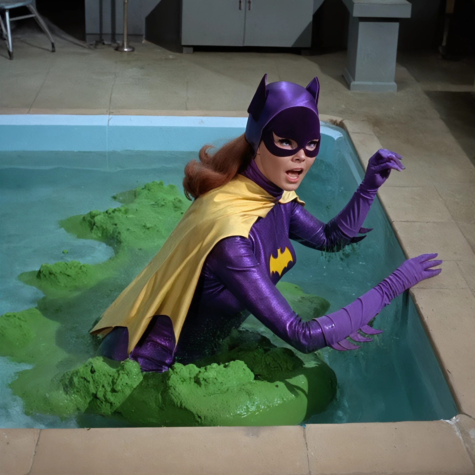 yvonne craig woman, sinking in a pool with green lava inside a lab. She screams with her eyes wide open, she looks for help, extent her arm trying to grab something to escape, she moves desperate, but half of her body is already cover by lava she is in pain, smoke everywhere. she screams as hard as she can , 60's style, analog film, film grain, on a lab