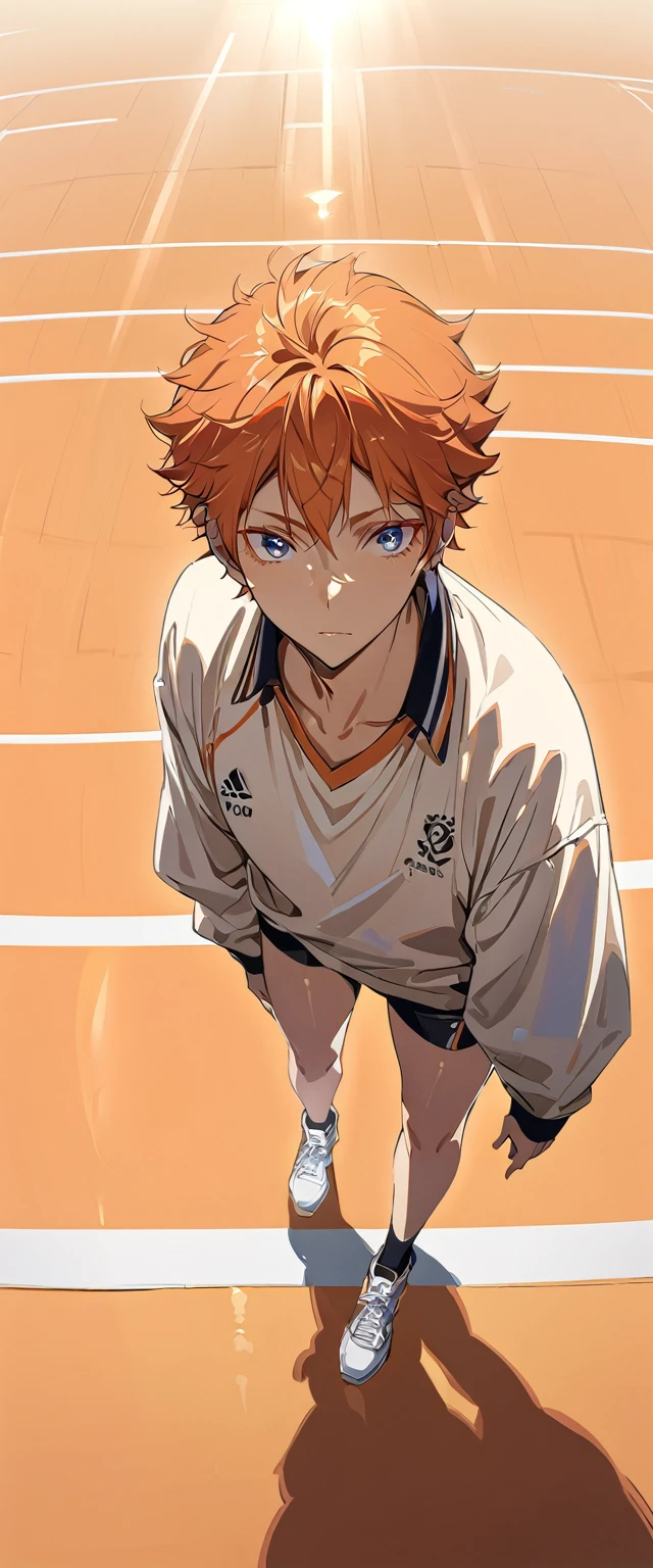 (Highest quality),(masterpiece), 8k,Very detailed, Detailed light, Best Shadow,Detailed reflective eyes, Beautiful Eyes, Very detailedな顔,Shiny Hair,One person,Gloss,Hinata Shoyang,Orange Hair,looking at the camera,front,Sense of presence,Volleyball court,Expressionless,spike,Description during jump,One Boy,Hinata Shoyo,spikeモーション,