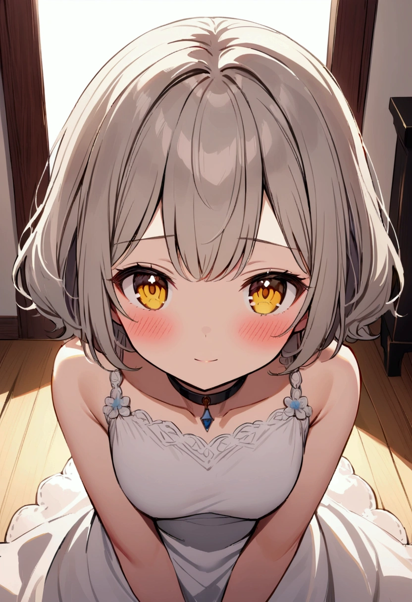 Girl with short fluffy ash hair. Yellow eyes. Calm face, simple white dress, black collar. On floor, fantasy house living room, slender body, blush, upper view
