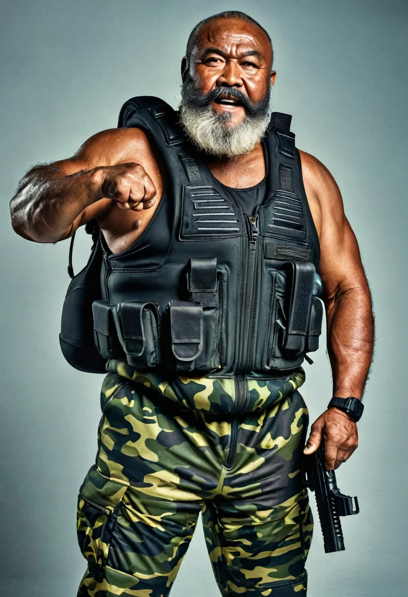 (a dark-skinned fat muscular bearded old man in a bulky camouflage zipper diver suit) saluting, carrying a gun, muscular, Basuki Abdullah, sumatraism, action, a character portrait, heroic, fierce, snarling, best quality