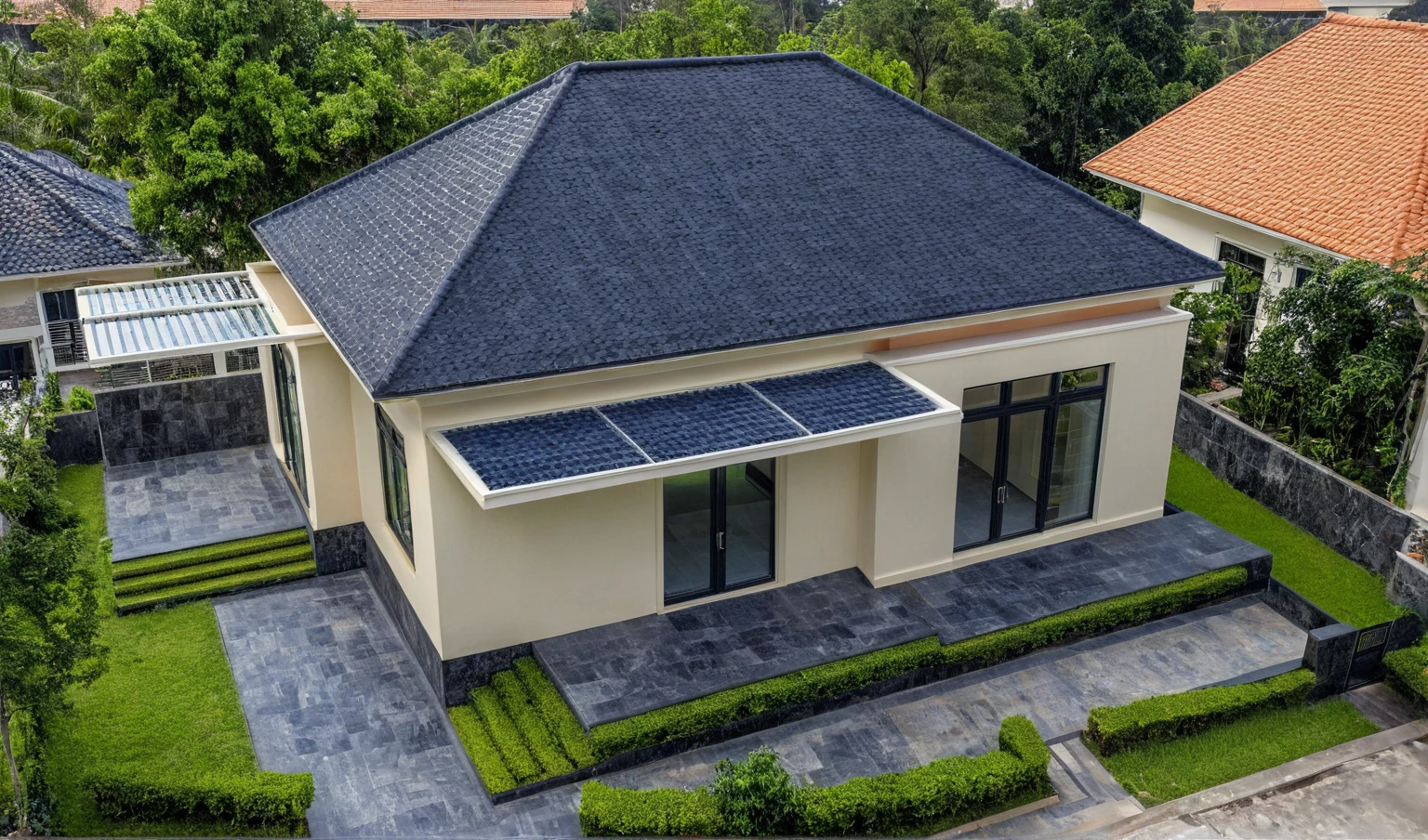 (masterpiece:1.2), best quality, photo of A two-story modern house in VietNam with dark tiles on the roof., dark granite tiled wall, neo classic detail, tree and plant environment,daylight, streetcapes, natural light, vivid color, The exterior of an elegant single family home features large windows, a dark gray door frame.