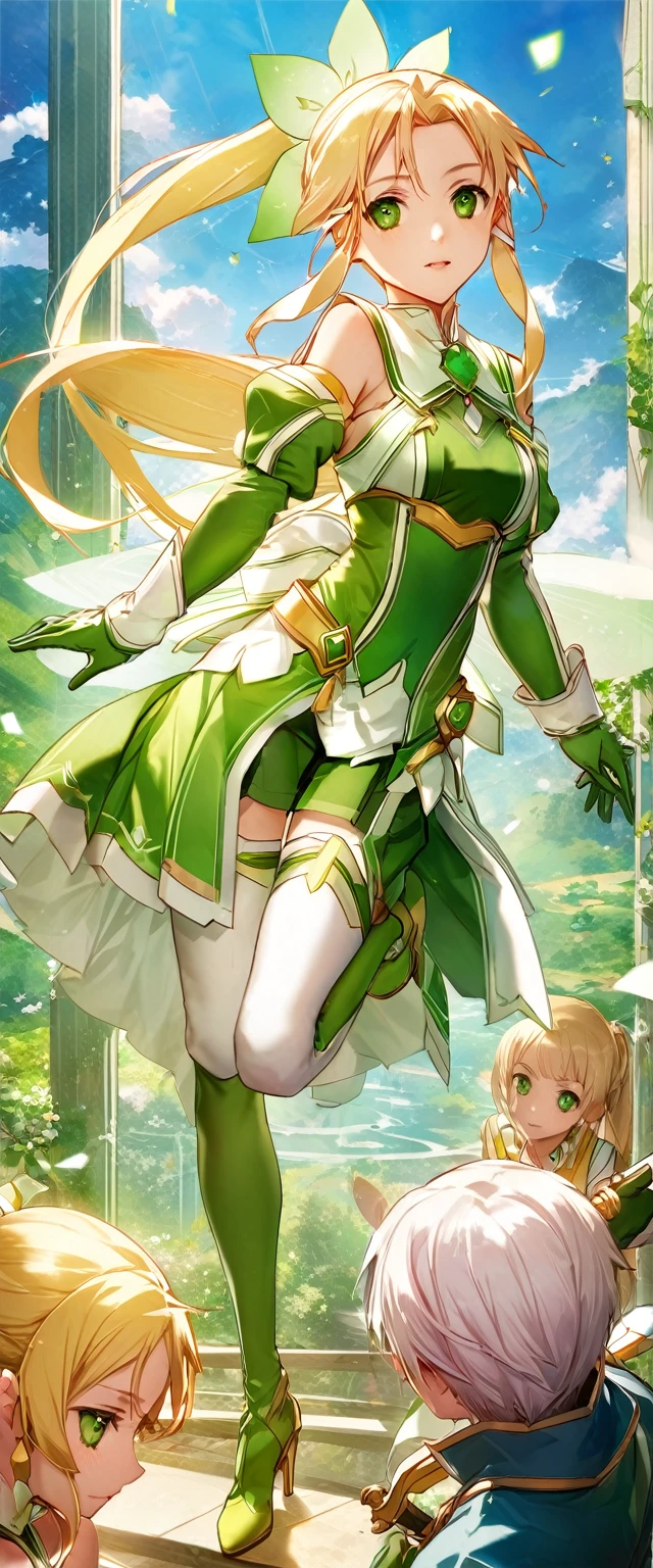Highest quality、unity 8k wallpaper、32K、masterpiece、Very detailed、Ultra-high resolution、Very detailedな顔、RAW Photos、Professional、Ultra-fine painting、Magical Fairy Swordsman Leafa、Blonde long hair、White Hair Ribbon、Green Eyes、Green Magical Girl Costume、Blonde ponytail、White Hair Ribbon、Yellow ribbon with a large emerald brooch、White pleated skirt with green lines、Green and yellow long gloves、Green thigh-high stiletto heel boots with gold molding、Full Body Shot、