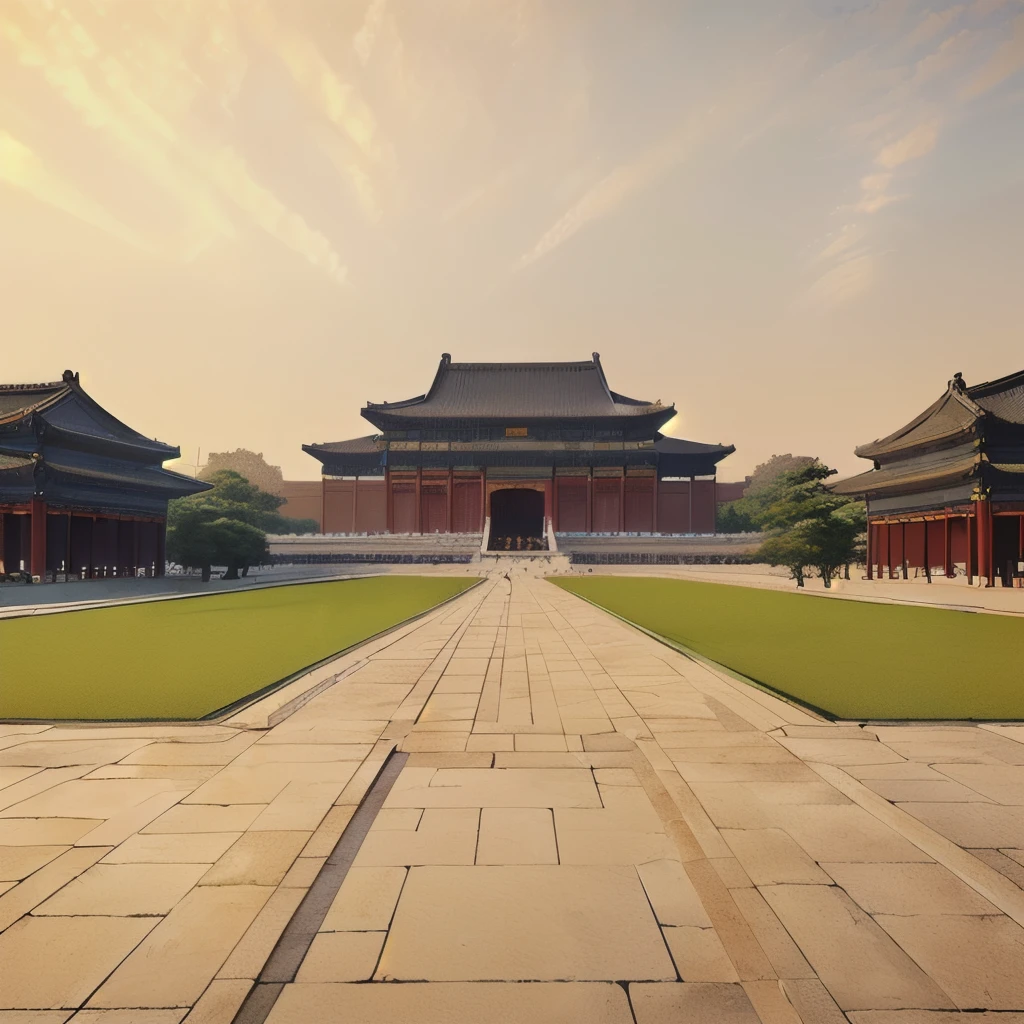 ((best quality)), ((masterpiece)), (detailed), there are many people walking around a large building in the middle of a courtyard, beautiful render of tang dynasty, tang dynasty palace, the imperial palace, korean traditional palace, the forbidden city, ancient china art style