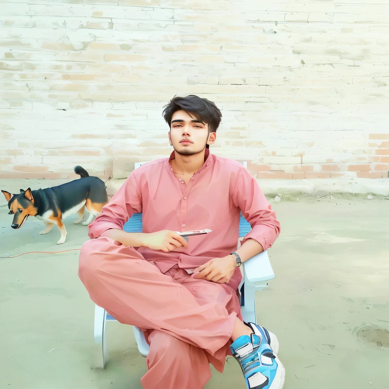 there is a man sitting in a chair with a dog behind him, very very low quality picture, very clear picture, khyzyl saleem, ash thorp khyzyl saleem, around 1 9 years old, by Riza Abbasi, he is about 2 5 years old, a photo of a man, very clear image, kyza saleem