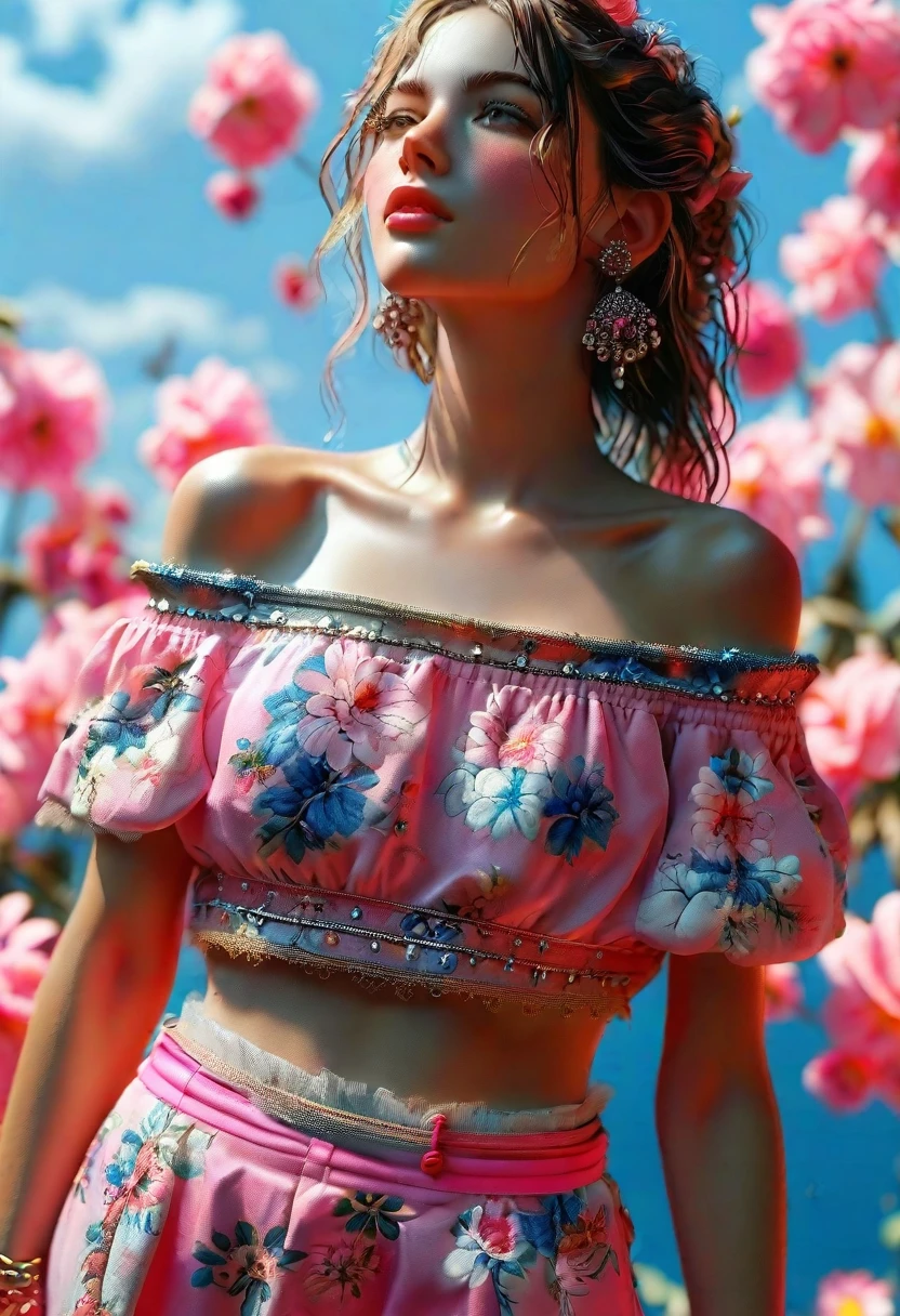 ((extreme detail)),(ultra-detailed), extremely detailed CG unity 8k wallpaper,best quality, masterpiece, emilie_t8, off shoulder, pink crop top,