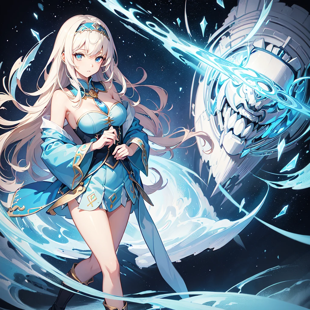 (Fantasy Illustration:1.2), (Front facing,Standing,Delicate facial expression,1 person:1.6), (anime,8k,masterpiece, Highest quality, Highest quality,beautifully,aesthetic:1.2,Professional illustrations:1.2,Super detailed:1.3), Very detailed, Most detailed, Brilliant, High resolution, Super detaileded, (girl), Very exquisite beautiful face and eyes, Sexy gaze,Large Breasts,A wizard-style tunic in blue and white.,A blue mini skirt following the jacket,tights,head band,Wristband,boots