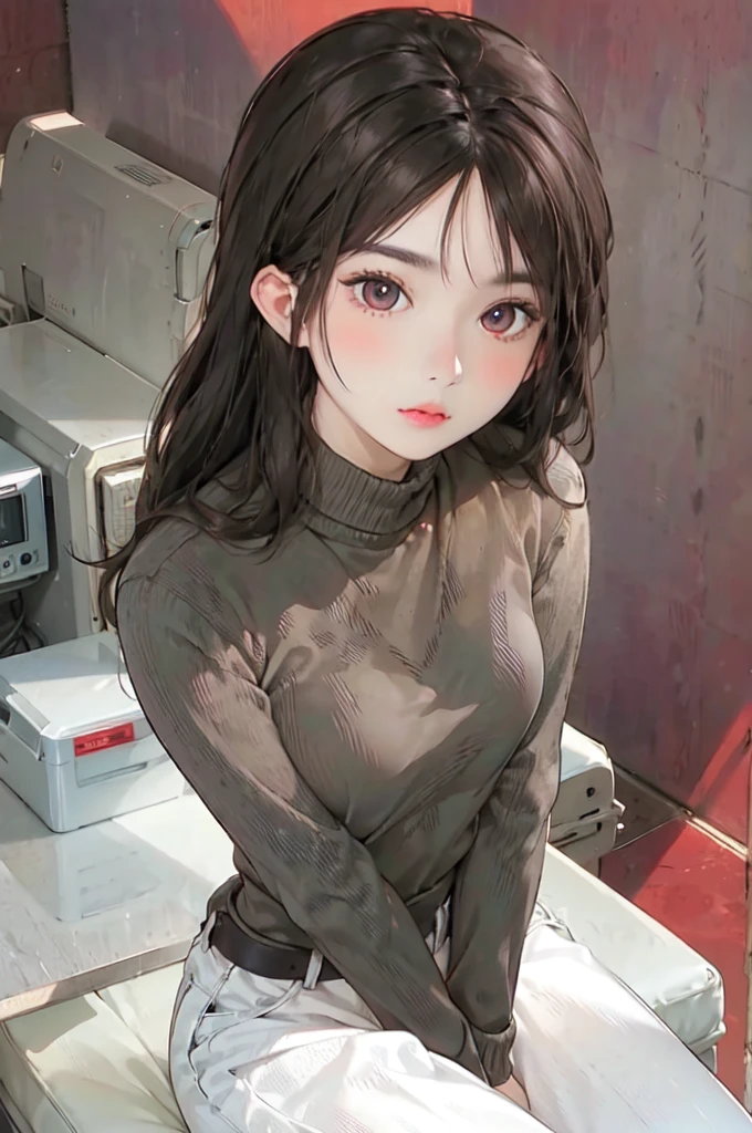 One girl,Turtleneck sweater,Simple Background,Red background,