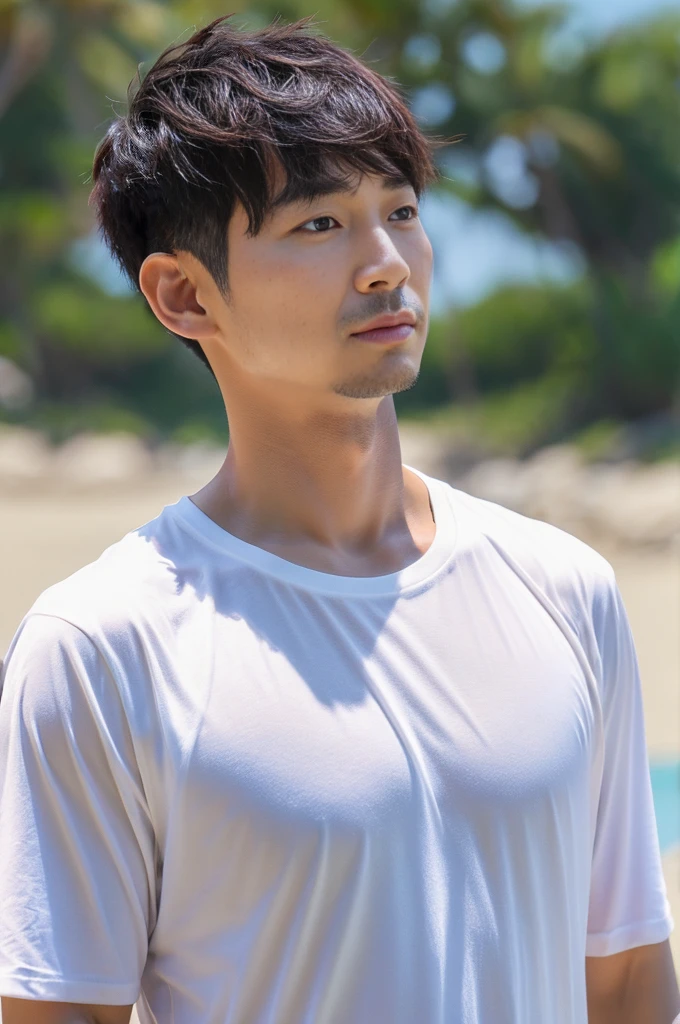 38 years old korean man, (male:1.5), white cotton tee, face to face, Short-cut hair, bust, Beach, (amazing), broad shoulders, slim body, muscular, background, Vacation, Beach
