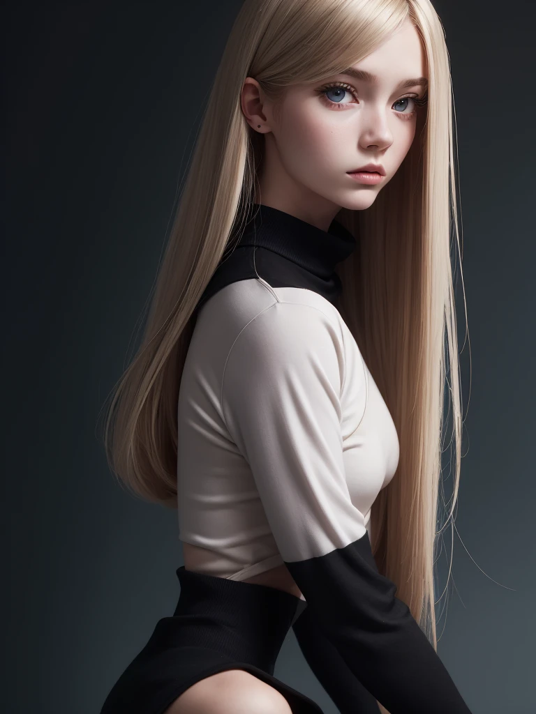 (best quality), 1girl, female, porcelain skin, blonde hair, straight hair, medium hair, swoopy tips, Flipped-up ends, brown eyes, perfect eyes, crop turtleneck top, black skirt, slender, , small bust, shy, masterpiece, anatomically correct, highres
