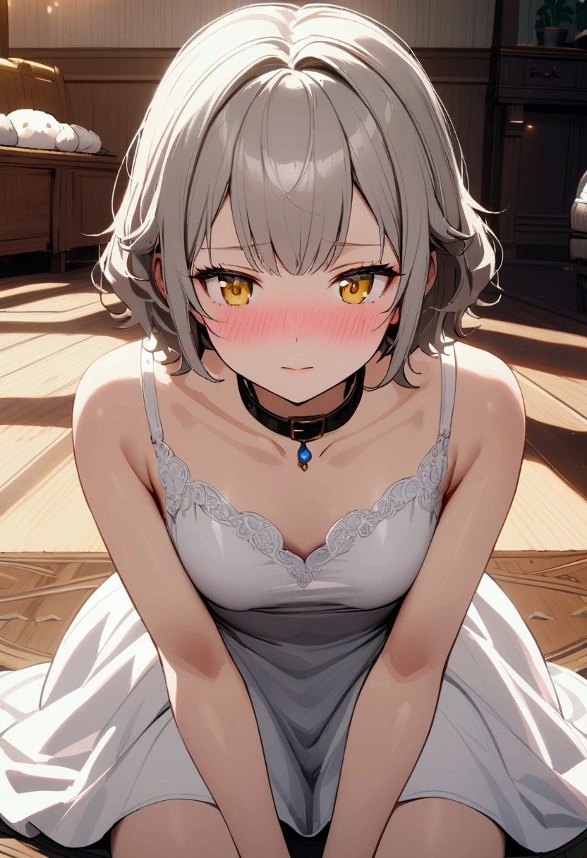 Girl with short fluffy ash hair. Yellow eyes. Calm face, simple white dress, black collar. On floor, fantasy house living room, slender body, blush, 