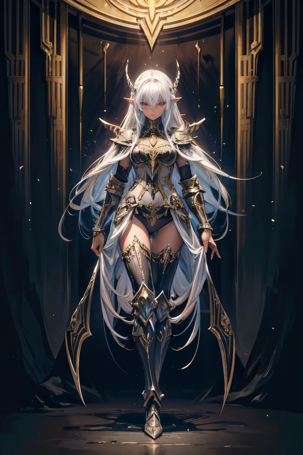 masterpiece,Highest quality,Very detailed,Dark Elf,Fantasy, teenager, (full body),White Hair,Beautiful and detailed eyes,Brown Skin,skinny,Dynamic,Luxurious black armor,palace