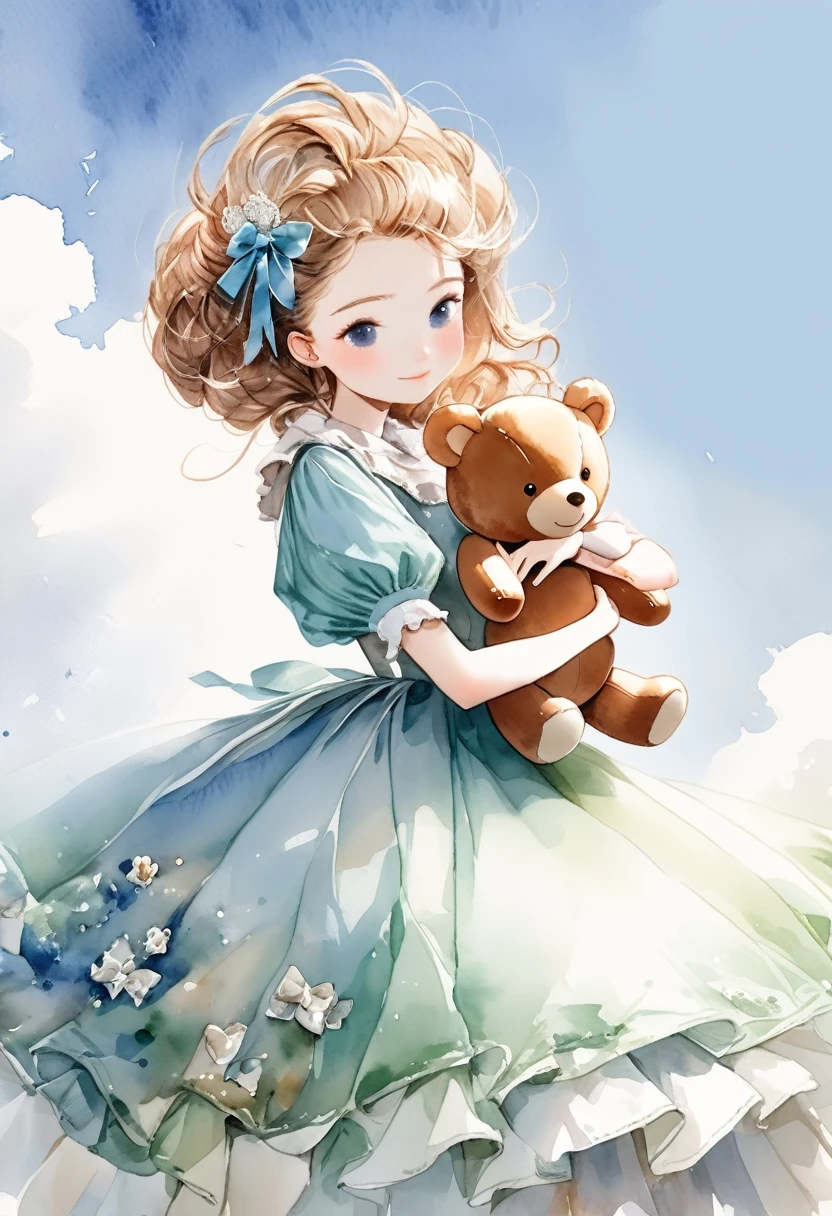 ((antique:1.5)),((hugging a teddy bear)),(Teddy bear),Beautiful and cute woman,1 Female,Solo,Sharp features,Sophisticated,((Watercolor:1.5)),whole body,Ultra-high resolution,((Attention to detail:1.5)),Highest quality,(vintage:1.4),(Cute pose:1.3),Alice,So adorable,model like,Fluffy atmosphere,(Accurate body),((antiqueな服)),(Handwriting),Fashionable hairstyle,