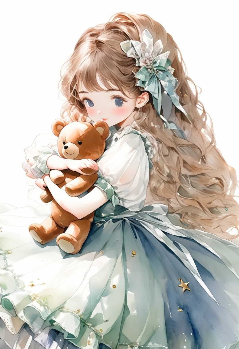 ((antique:1.5)),((hugging a teddy bear)),(Teddy bear),Beautiful and cute woman,1 Female,Solo,Sharp features,Sophisticated,((Watercolor:1.5)),whole body,Ultra-high resolution,((Attention to detail:1.5)),Highest quality,(vintage:1.4),(Cute pose:1.3),Alice,So adorable,model like,Fluffy atmosphere,(Accurate body),((antiqueな服)),(Handwriting),Fashionable hairstyle,