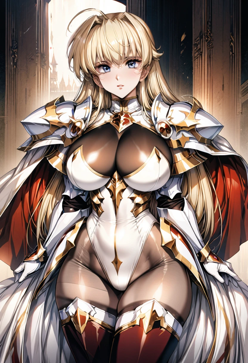 ((highest quality)), ((masterpiece)), ((hyperrealistic)), (detailed background), 1girl, ((curvy: 1.2)), perfect face, Langrisser, Sitting on the throne, ((lamé leotard: 1.5)), ((catsuit)), ((black paladin armor: 1.3)), ((long skirt)), (cloak de cour), gauntlet, gloves, belt, silver straight hair, ahoge, parted bangs, (huge breasts), (see-through cleavage cutout), (zettai ryouiki armored thigh high boots), (pantyhose thigh), beautiful eyes, Perfect hands, perfect fingers,